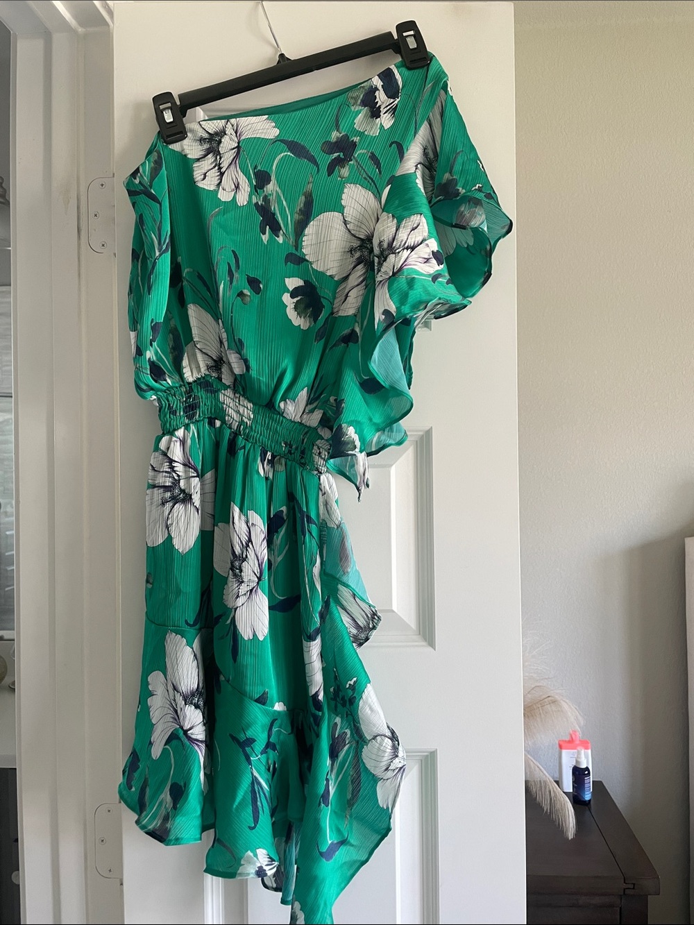 Green One-Shoulder Floral Dress with Smocked Waist